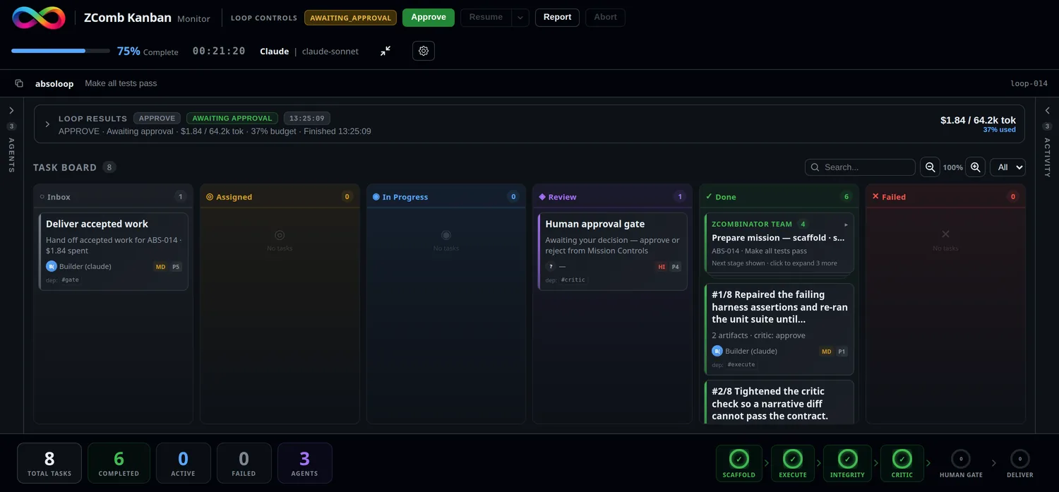 ZComb Kanban for the mission Make all tests pass, status awaiting approval. Review shows the human approval gate, Done shows two finished repair iterations, and Inbox shows delivery.
